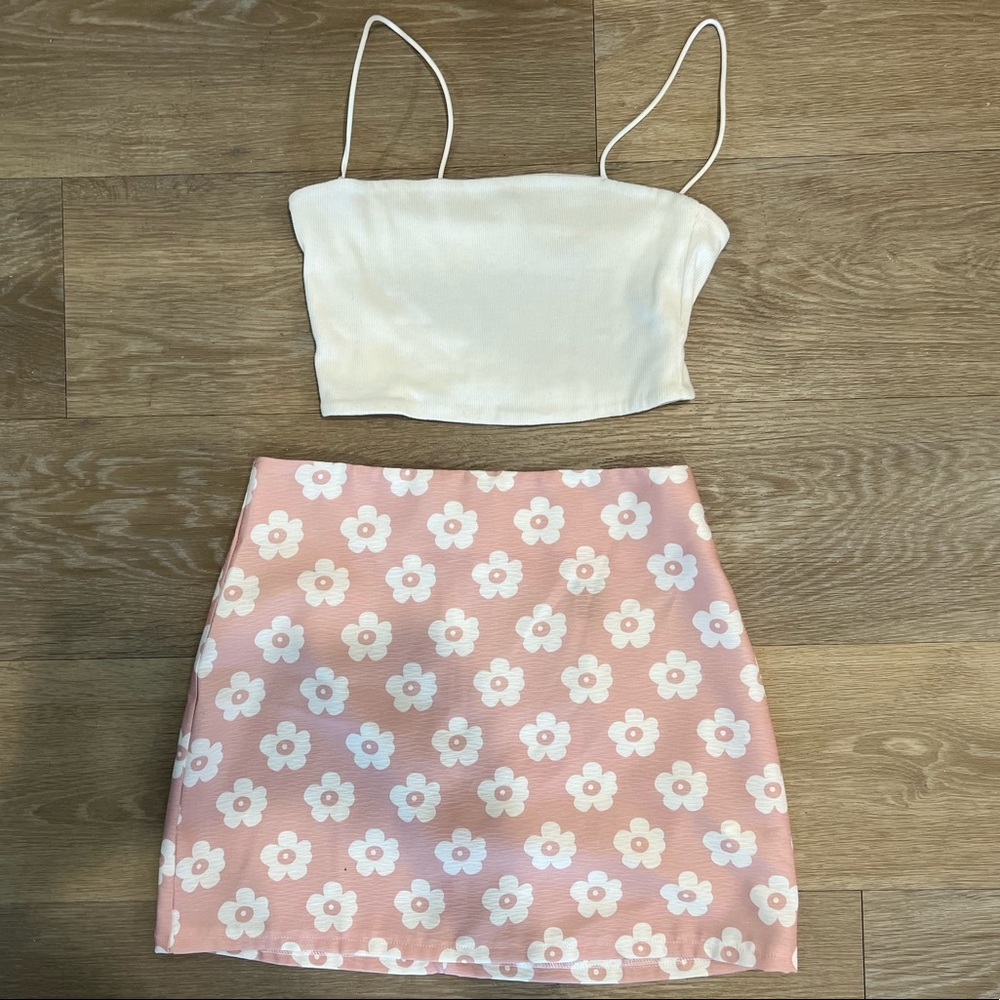 White Cropped Tank and Pink High-waisted Skirt.
